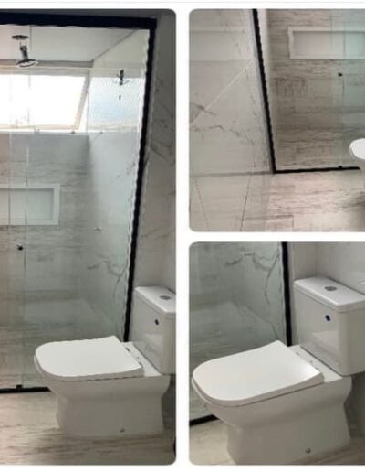 colagem com três fotos da reforma de um banheiro