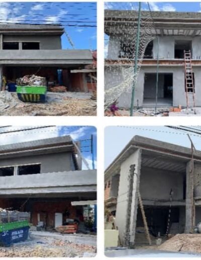 Colagem mostrando quatro fotos de uma casa com dois pavimentos em construção